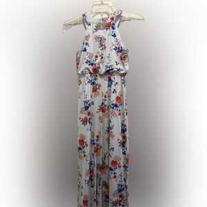 Three Hearts White Floral Halter Maxi Dress with Coral and Navy Blossoms